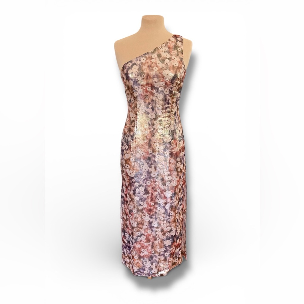 Club Monaco One-Shoulder Multicolor (gold shimmer) Floral Dress